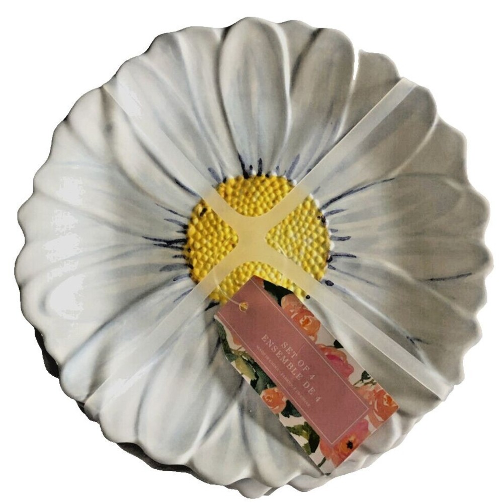 Daisy Flower Melamine Dessert App Set Of 4 Plates 6.5" Easter Spring Summer
